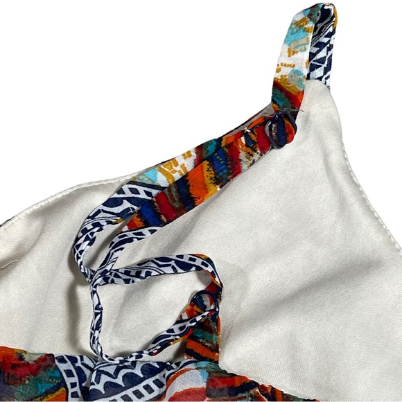 As You Wish size large colorful mini dress, tie at neck, asymmetrical hem, EUC - Picture 9 of 13